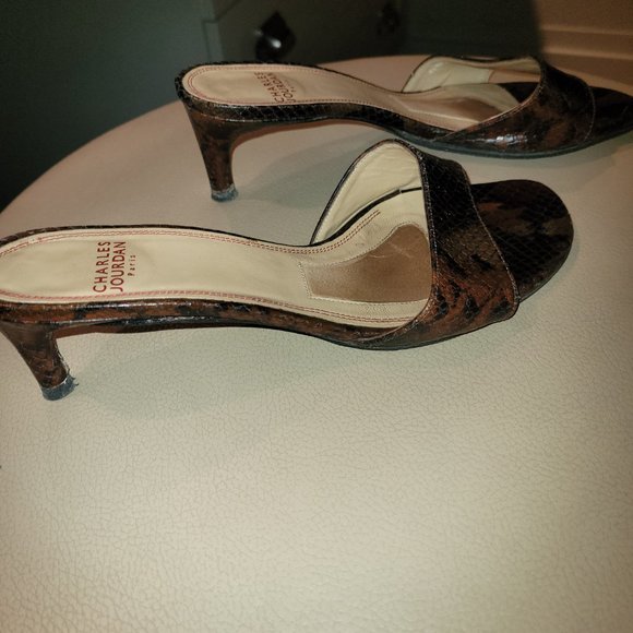 Charles Jordan Black/Brown Snakeskin Cross Bridge Sandals Size 7 - Picture 6 of 11